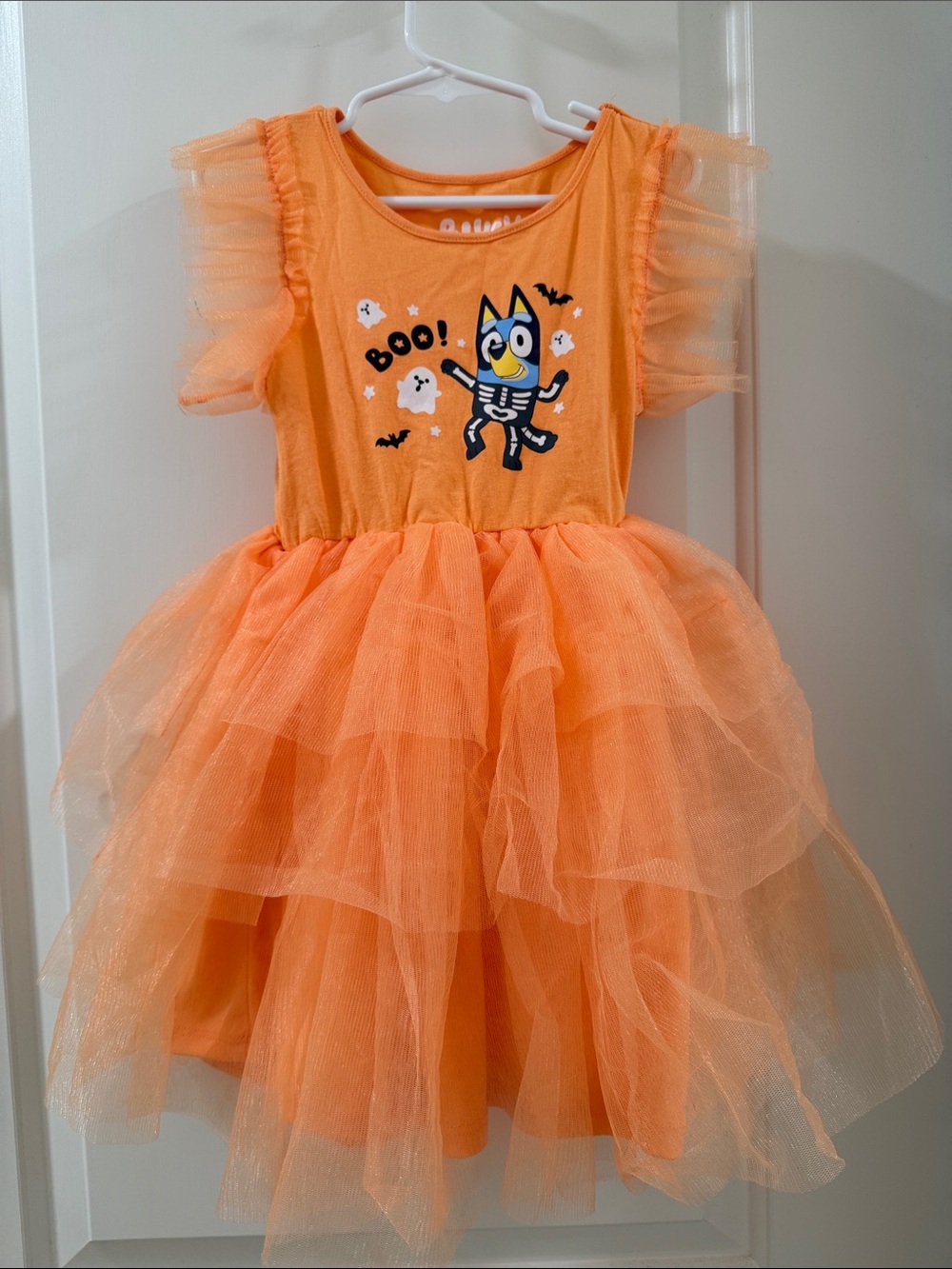 Bluey Orange Tulle Halloween Dress with Cute Skeleton Cat Graphic